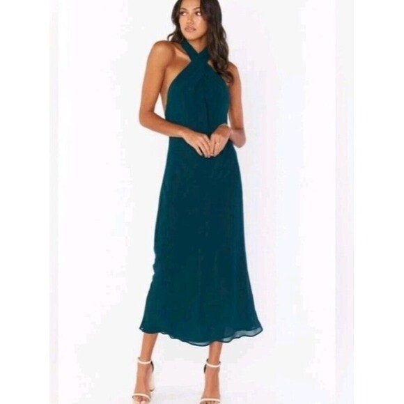 Show Me Your Mumu Jasmine Dress Size XXL Deep Green Chiffon  Halter Midi  New - Picture 1 of 10